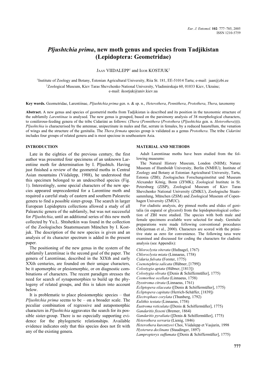 Pljushtchia Prima, New Moth Genus and Species from Tadjikistan (Lepidoptera: Geometridae)