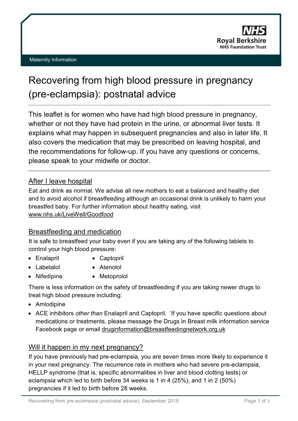 Recovering from High Blood Pressure in Pregnancy (Pre-Eclampsia): Postnatal Advice