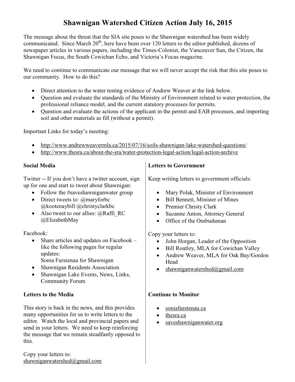 Shawnigan Watershed Action Sheet