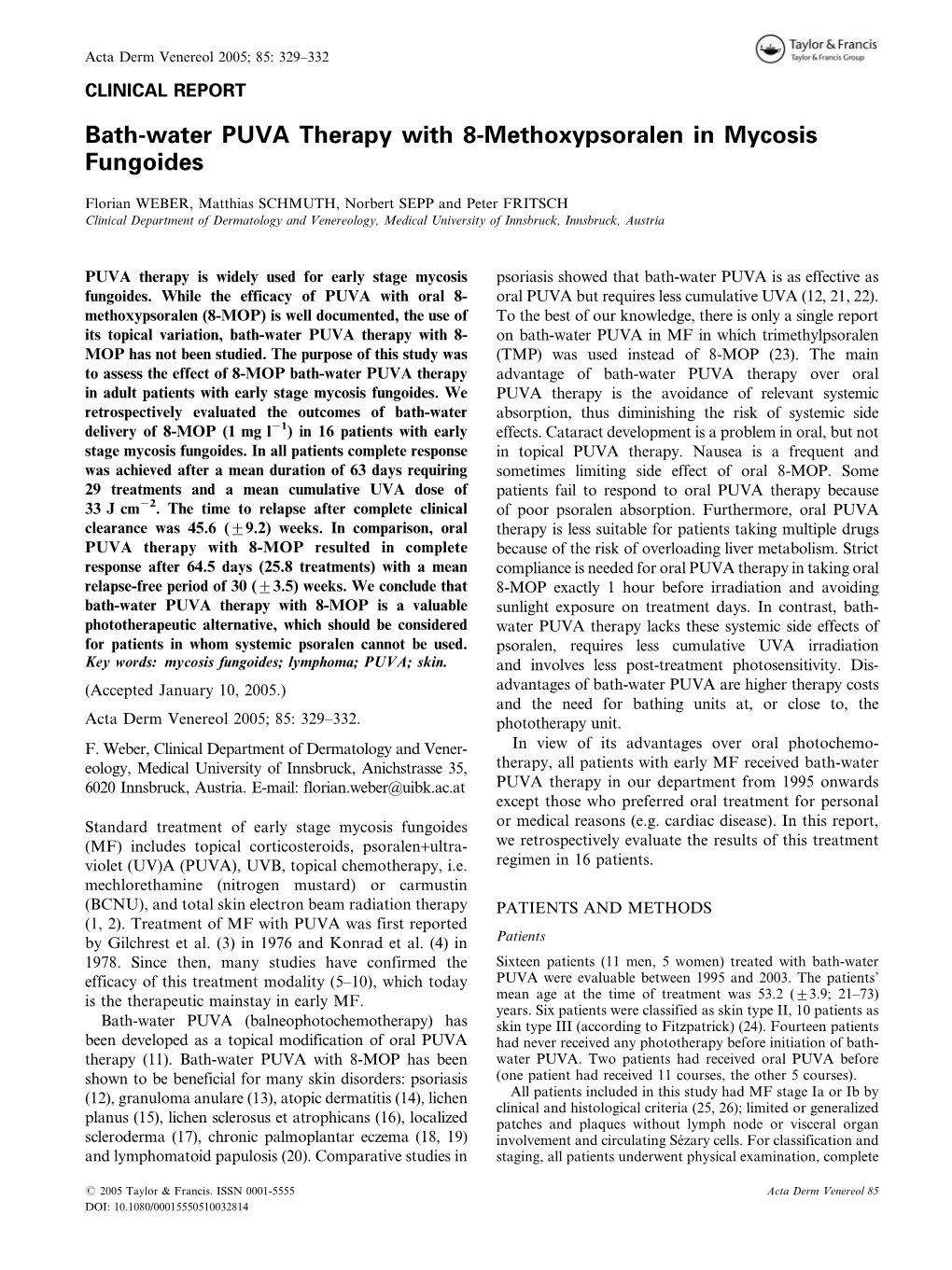 Bath-Water PUVA Therapy with 8-Methoxypsoralen in Mycosis Fungoides