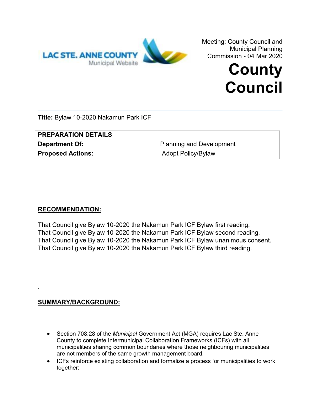 Bylaw 10-2020 Nakamun Park ICF