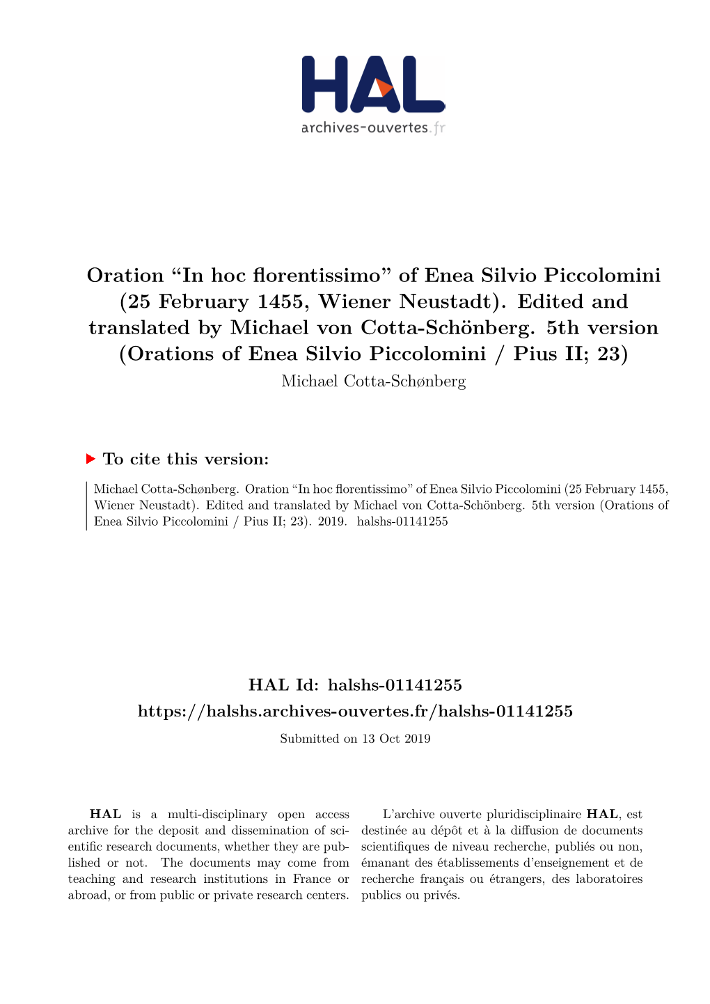 Oration ``In Hoc Florentissimo'' of Enea Silvio Piccolomini (25 February