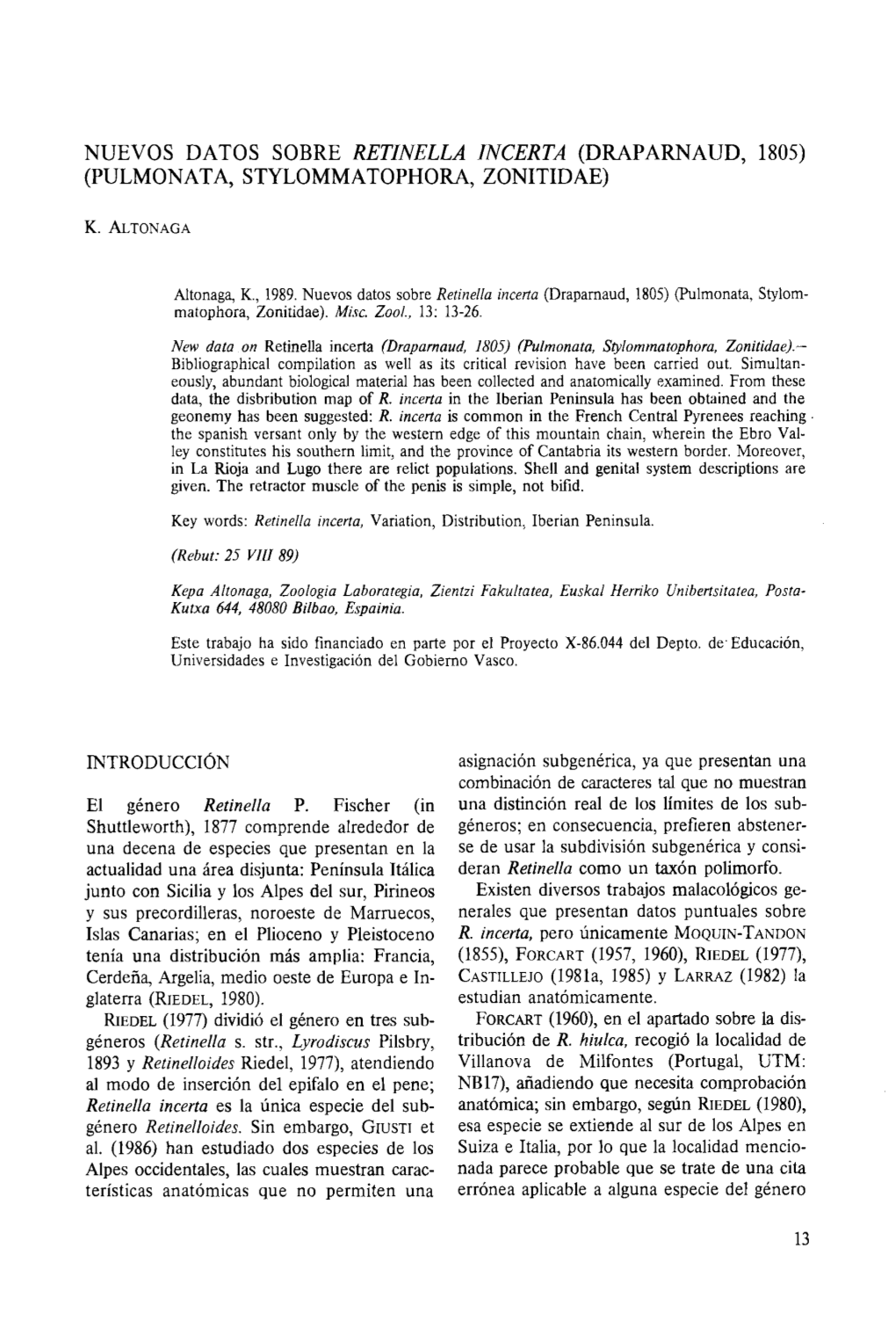 Nuevos Datos Sobre Retinella Incerta (Draparnaud, 1805) (Pulmonata, Stylommatophora, Zonitidae)