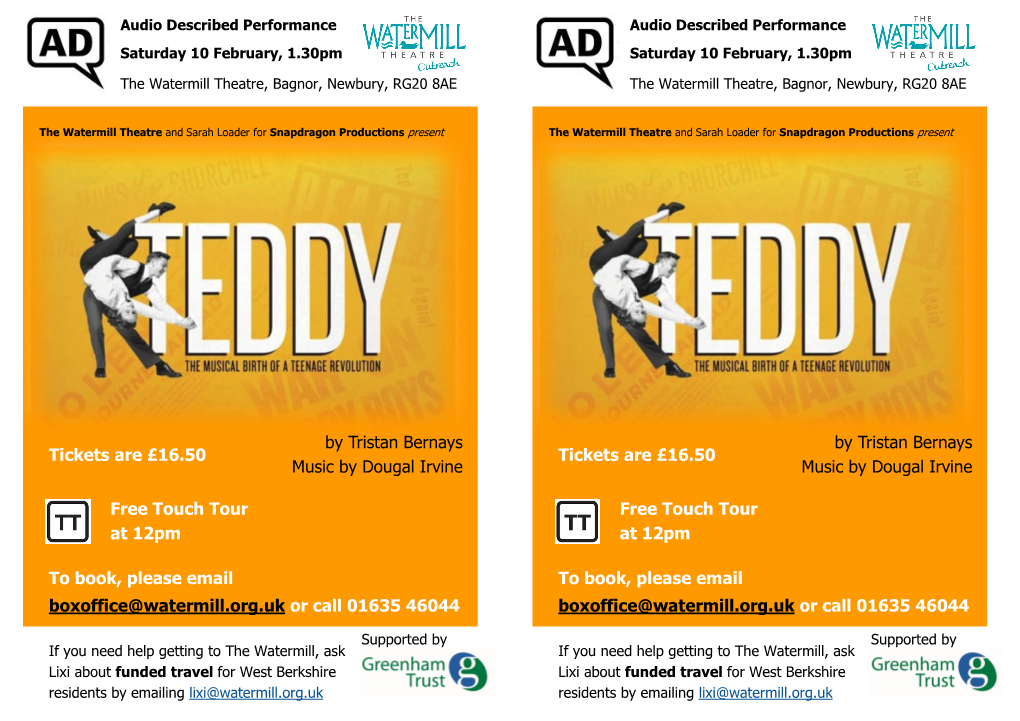 To Book, Please Email Boxoffice@Watermill.Org.Uk Or Call 01635 46044 Boxoffice@Watermill.Org.Uk Or Call 01635 46044