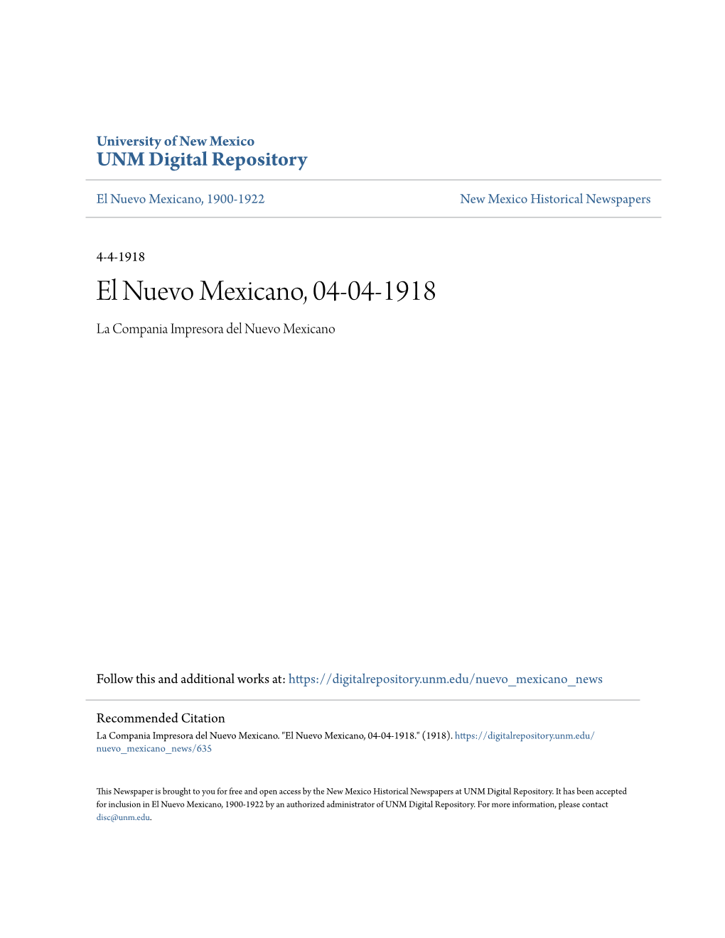 El Nuevo Mexicano, 04-04-1918 La Compania Impresora Del Nuevo Mexicano