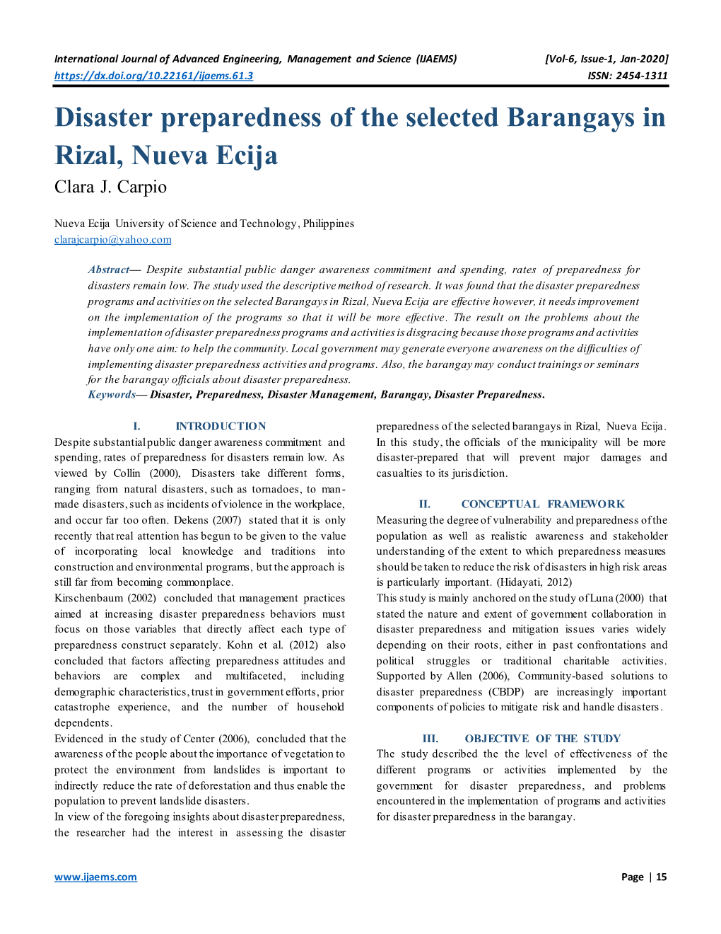 Disaster Preparedness of the Selected Barangays in Rizal, Nueva Ecija Clara J