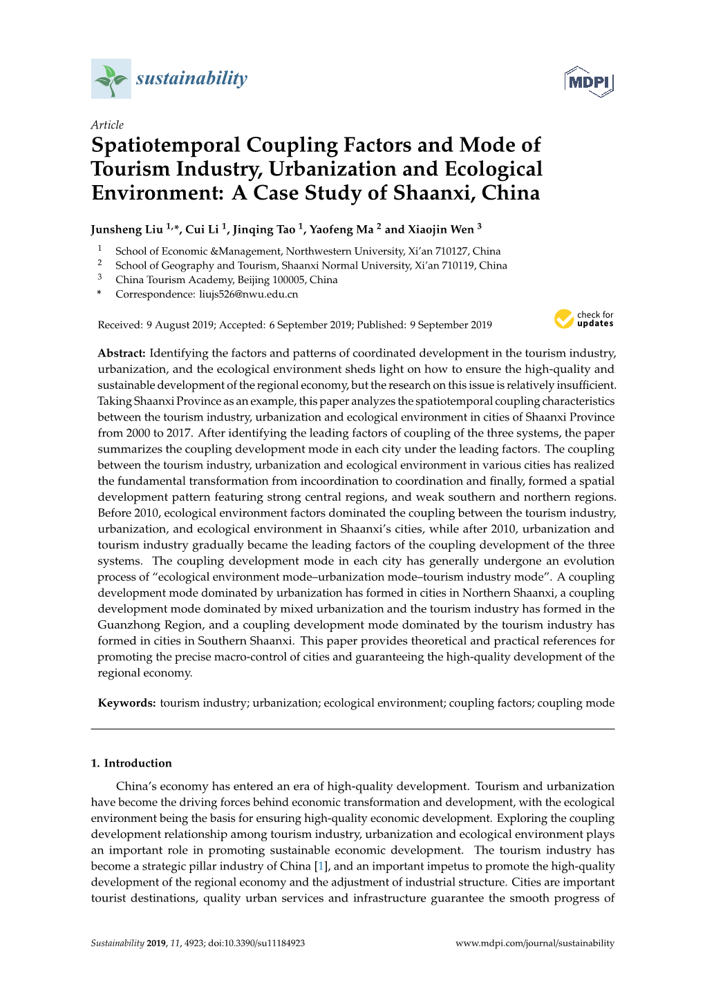 Spatiotemporal Coupling Factors and Mode of Tourism Industry, Urbanization and Ecological Environment: a Case Study of Shaanxi, China