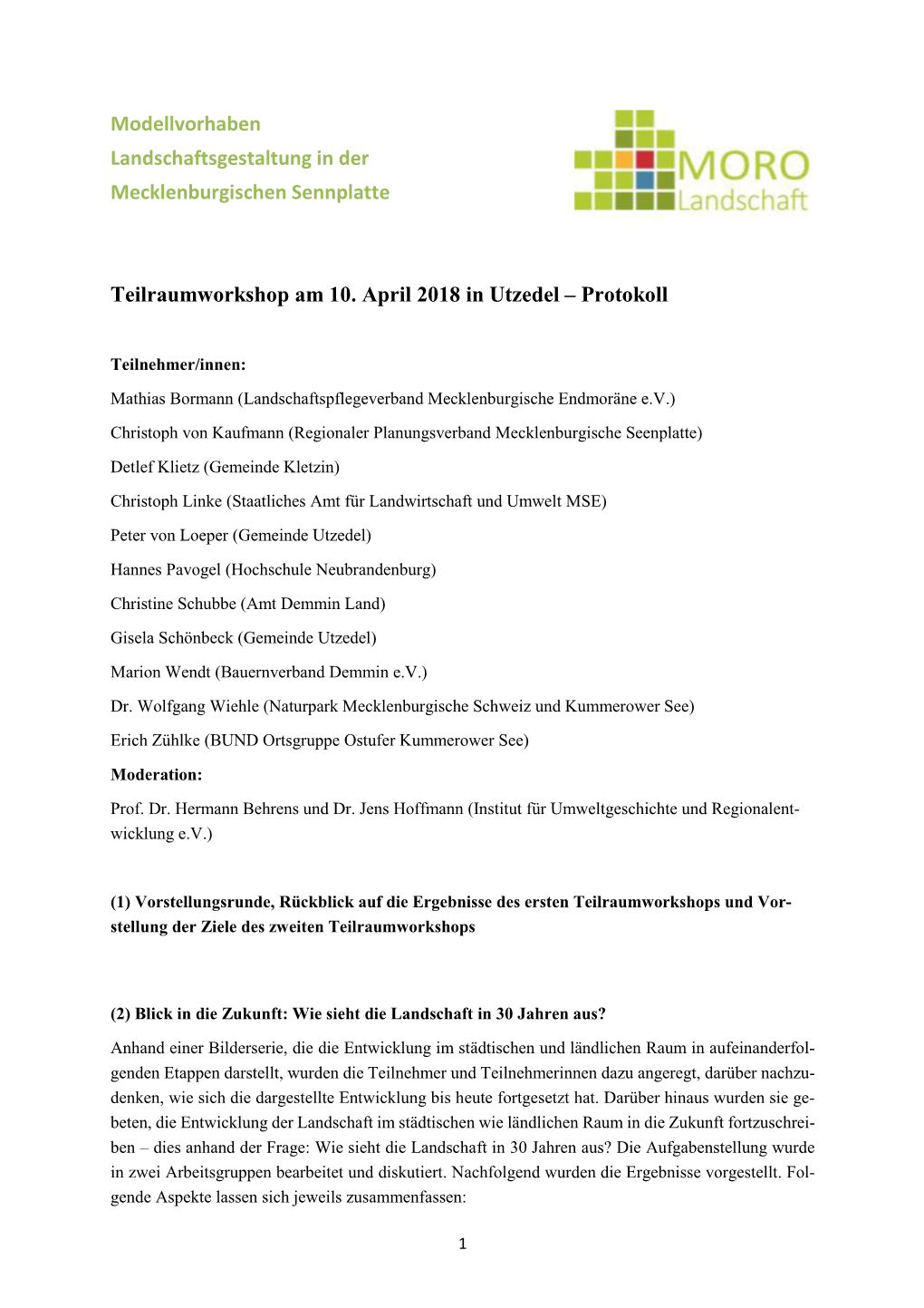 Protokoll 2. Teilräumlicher MORO-Workshop Utzedel/Demmin Vom 10.04.2018