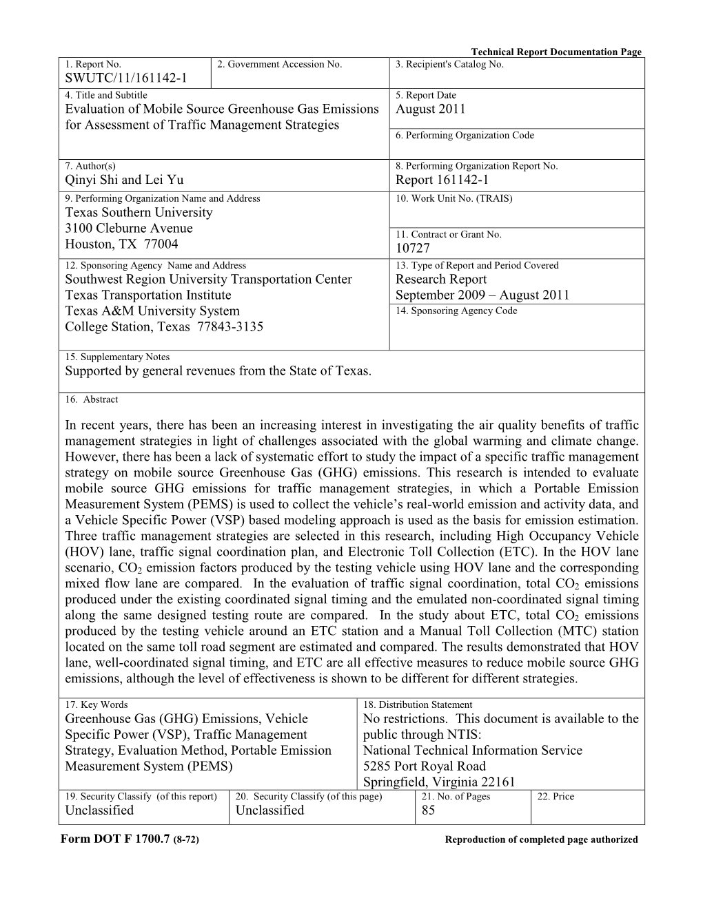 SWUTC/11/161142-1 Evaluation of Mobile Source Greenhouse Gas Emissions for Assessment of Traffic Management Strategies August 20