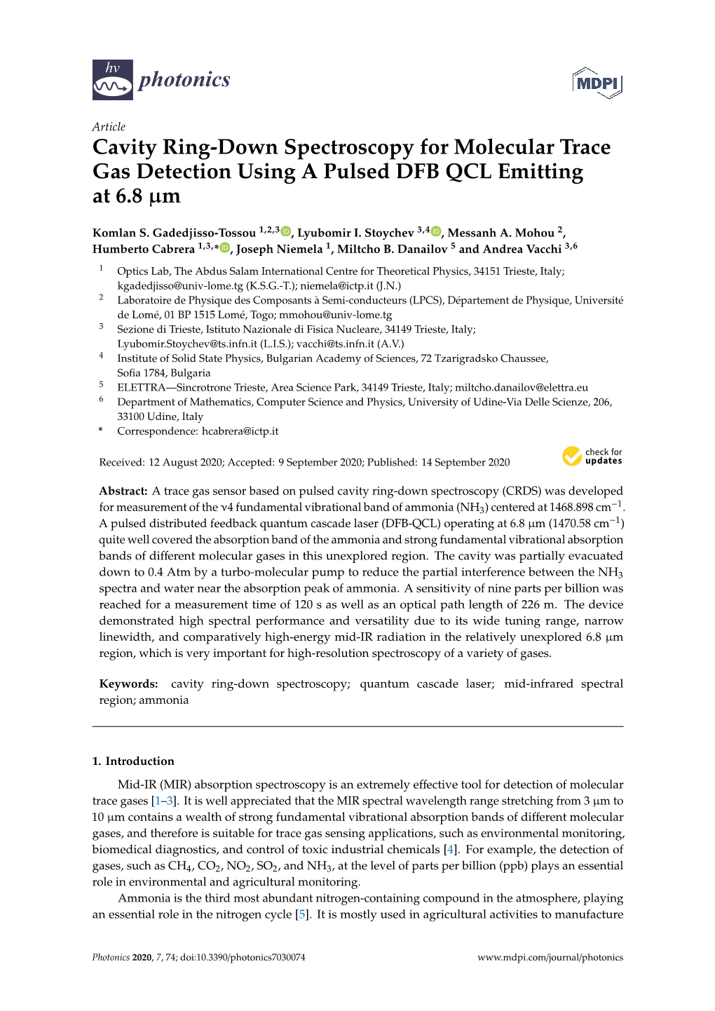 Cavity Ring-Down Spectroscopy for Molecular Trace Gas Detection Using a Pulsed DFB QCL Emitting at 6.8 Μm