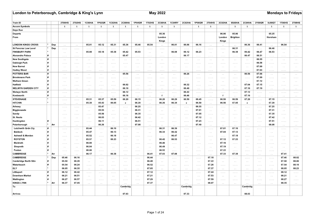 London to Peterborough, Cambridge & King's Lynn May 2022 Mondays to Fridays