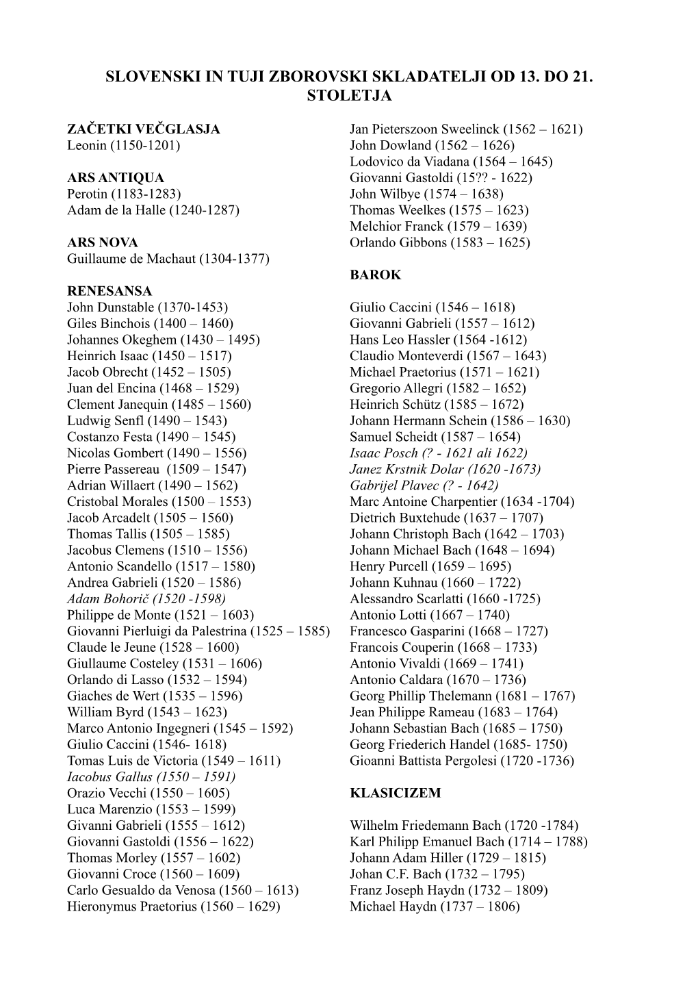 Slovenski in Tuji Zborovski Skladatelji Od 13. Do 21