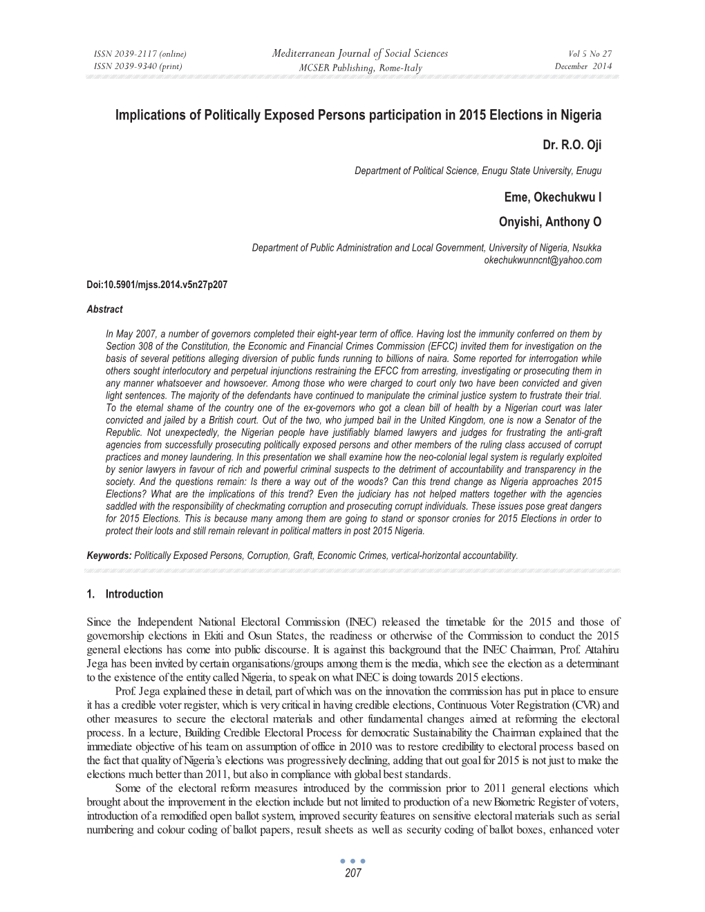 Implications of Politically Exposed Persons Participation in 2015 Elections in Nigeria