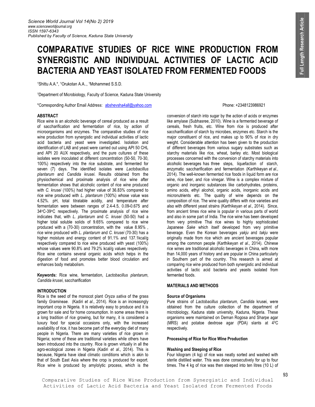 Comparative Studies of Rice Wine Production from Synergistic and Individual Activities of Lactic Acid