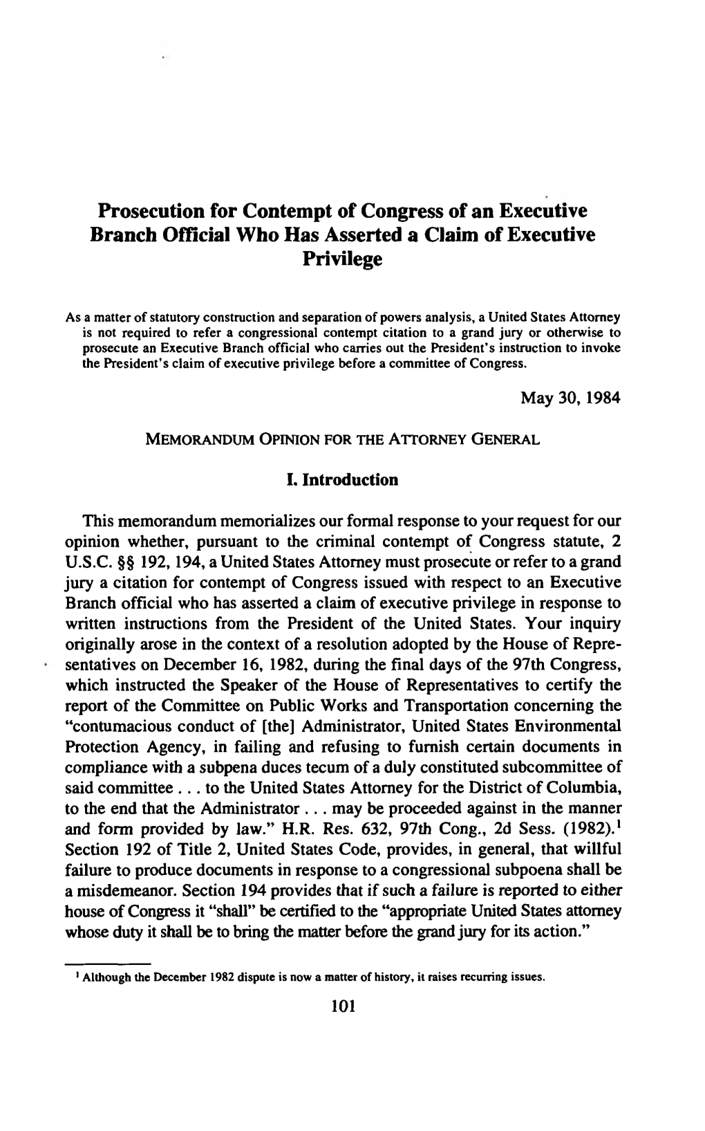 Prosecution for Contempt of Congress of an Executive Branch Official Who Has Asserted a Claim of Executive Privilege