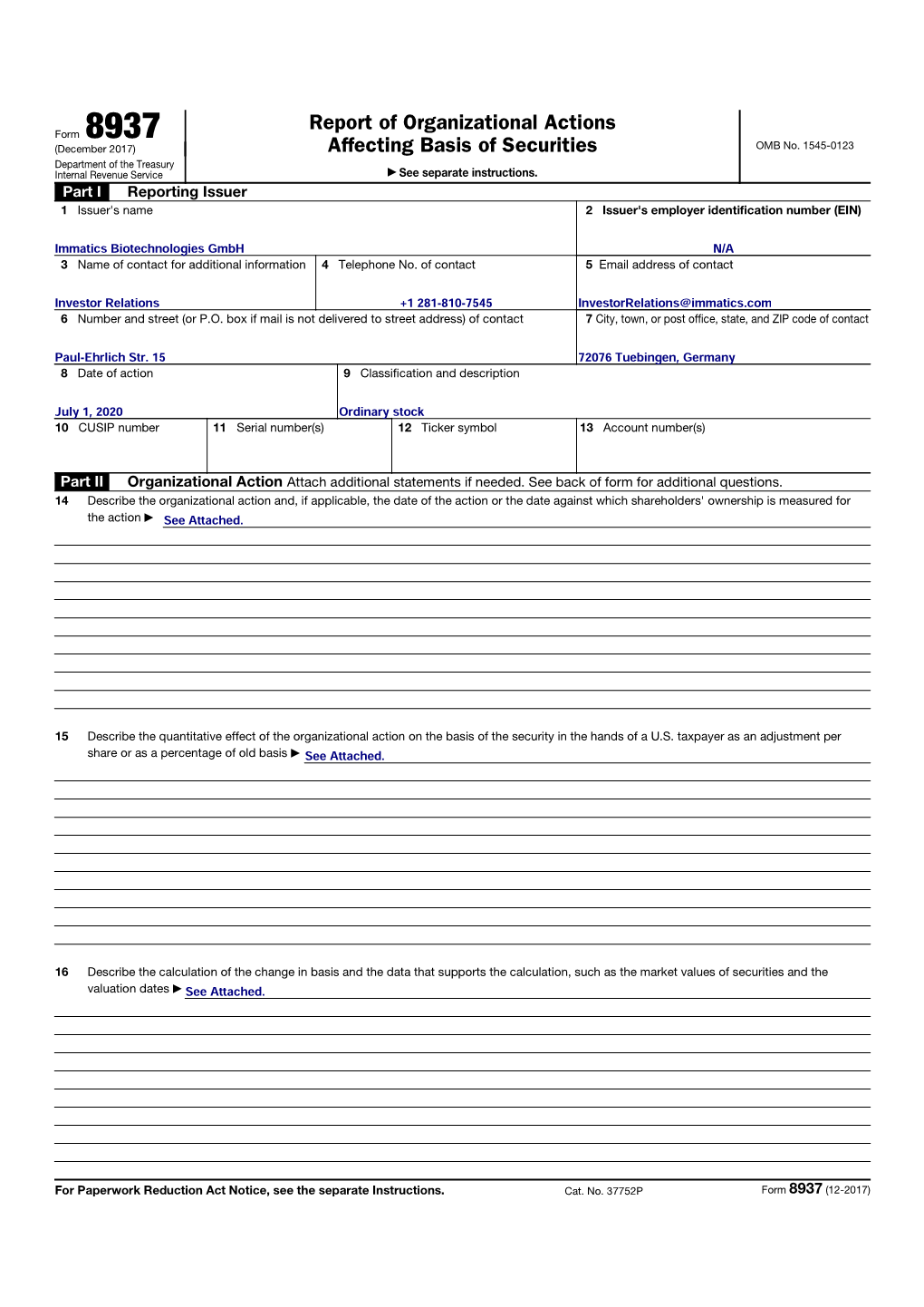 Form 8937 – IMTX