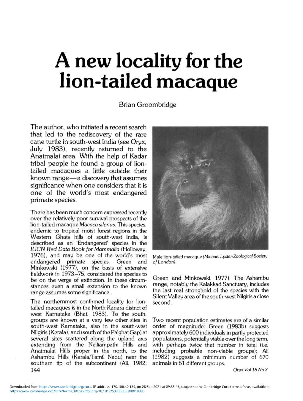 A New Locality for the Lion-Tailed Macaque