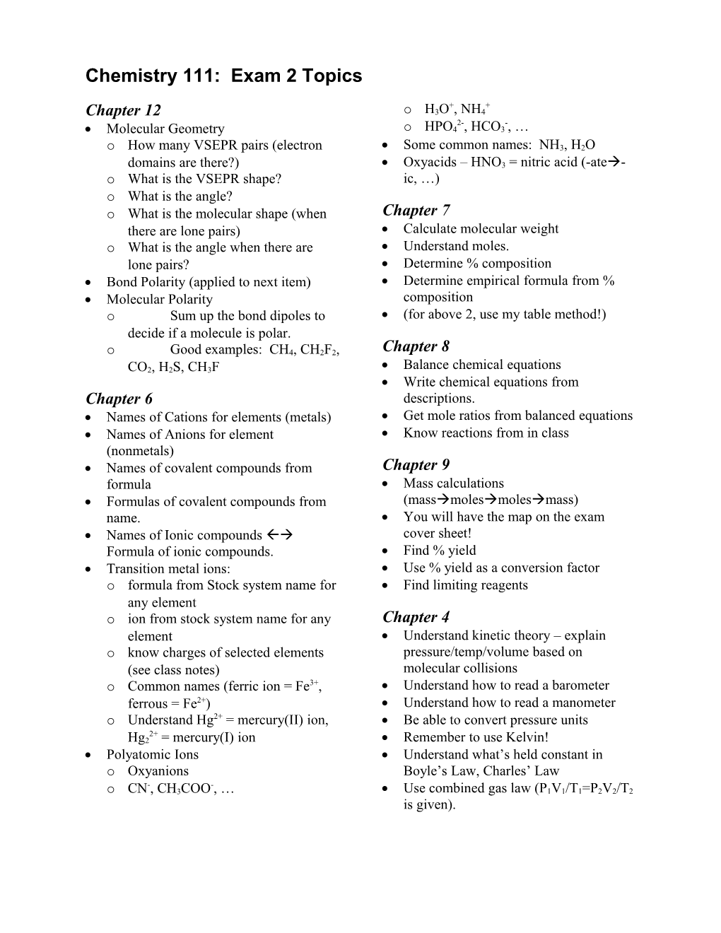 Chemistry 111: Exam 1 Topics