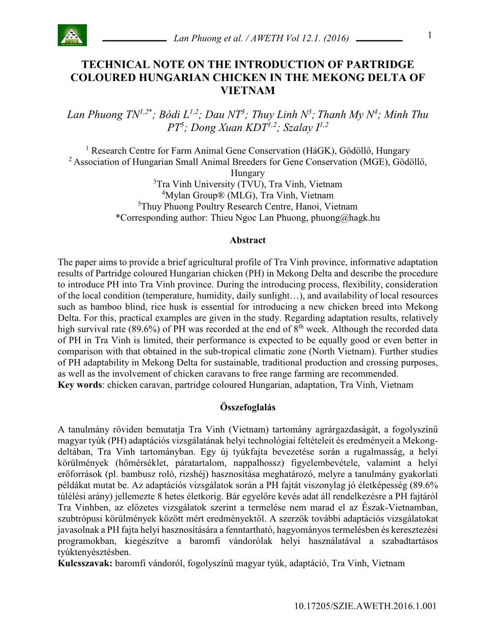 Technical Note on the Introduction of Partridge Coloured Hungarian Chicken in the Mekong Delta of Vietnam