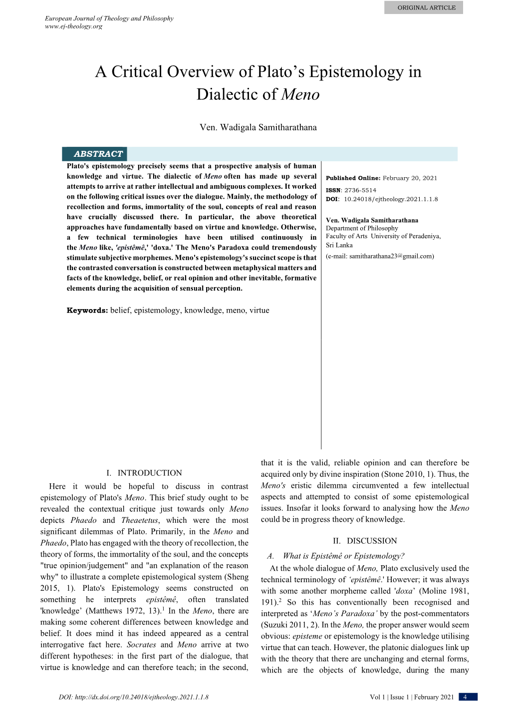 A Critical Overview of Plato's Epistemology in Dialectic of Meno