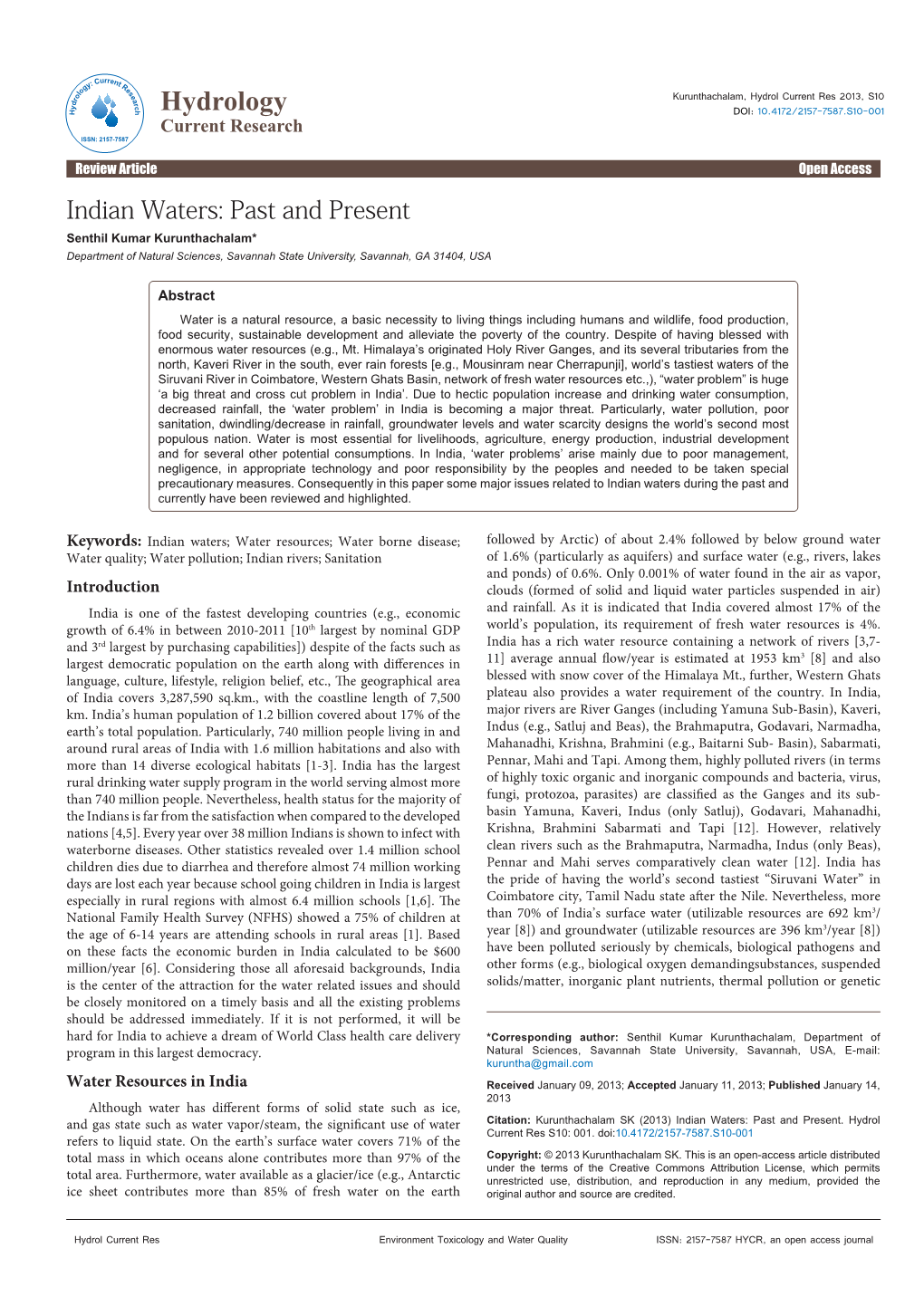 Indian Waters: Past and Present Senthil Kumar Kurunthachalam* Department of Natural Sciences, Savannah State University, Savannah, GA 31404, USA