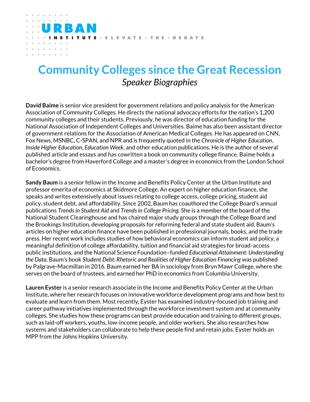 Community Colleges Since the Great Recession Speaker Biographies