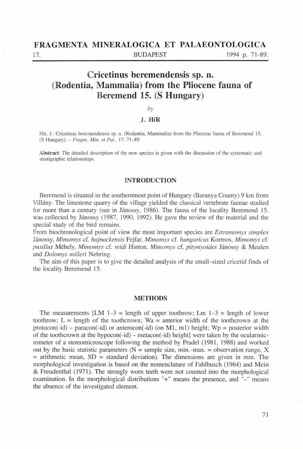 Fragmenta Mineralogica Et Palaentologica 17. 1994. (Budapest, 1994)