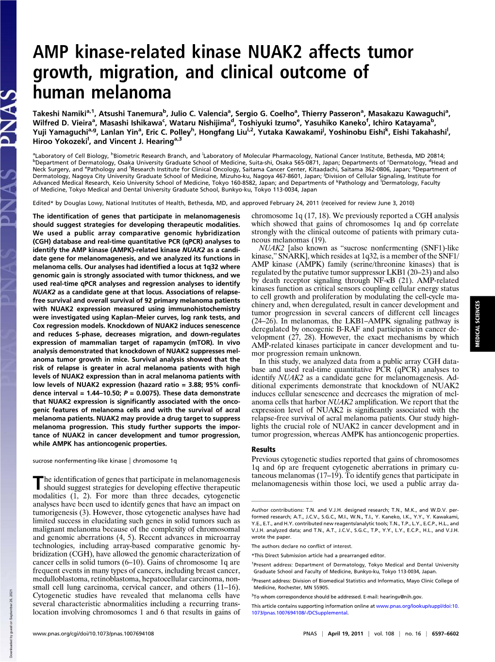 AMP Kinase-Related Kinase NUAK2 Affects Tumor Growth, Migration, and Clinical Outcome of Human Melanoma