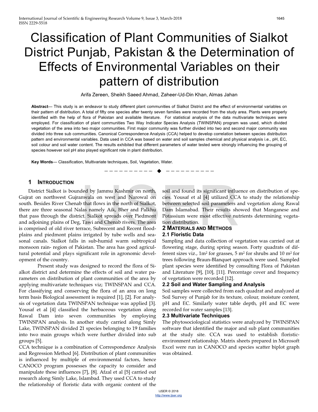 Classification of Plant Communities of Sialkot District Punjab, Pakistan