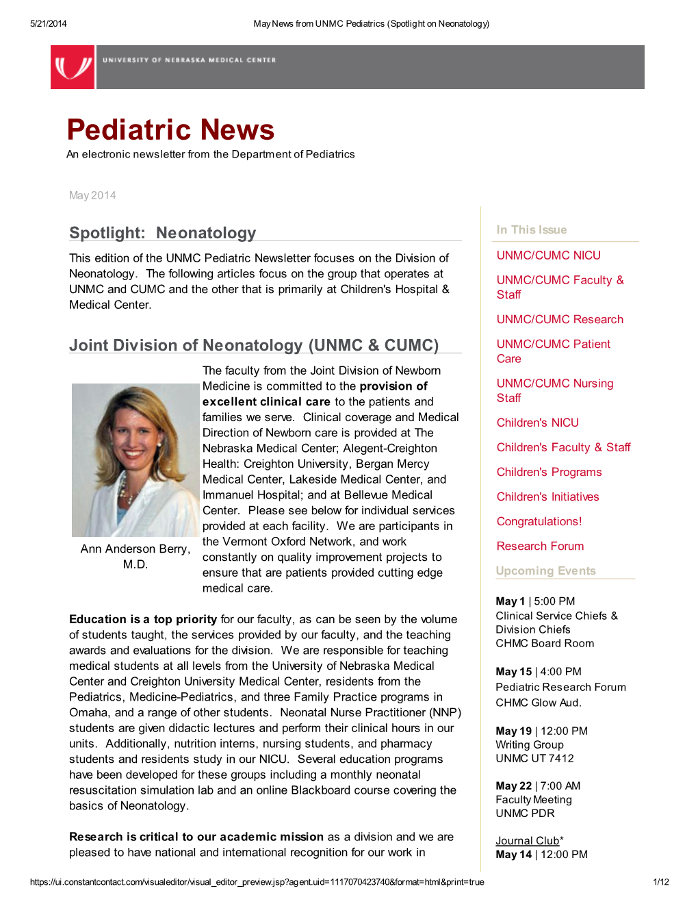 Pediatric News an Electronic Newsletter from the Department of Pediatrics