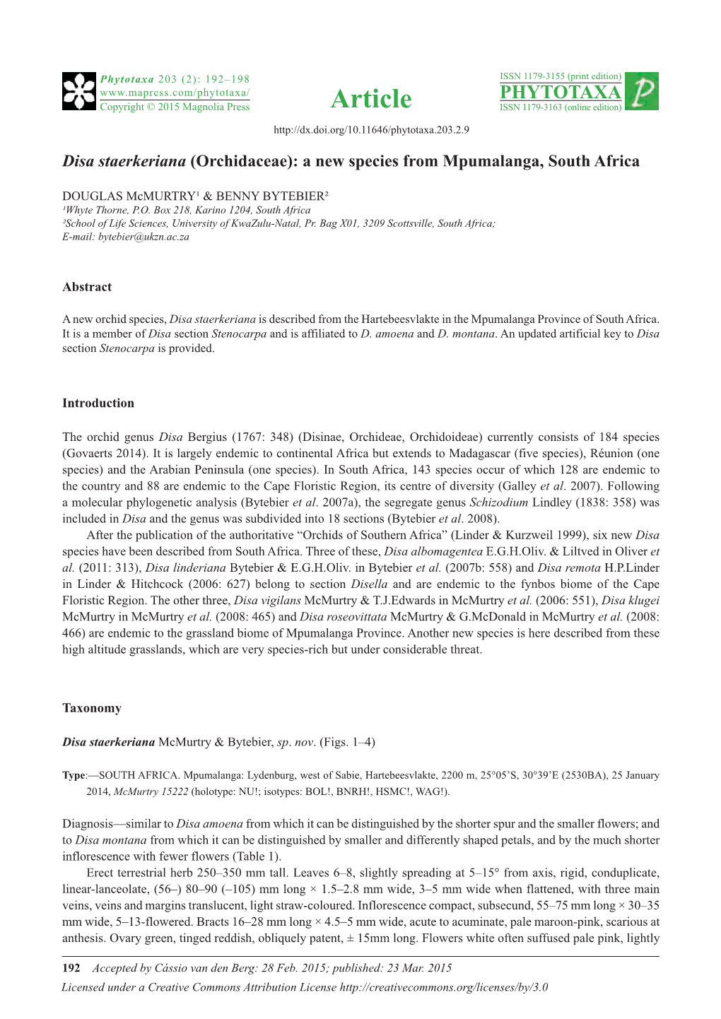 Disa Staerkeriana (Orchidaceae): a New Species from Mpumalanga, South Africa