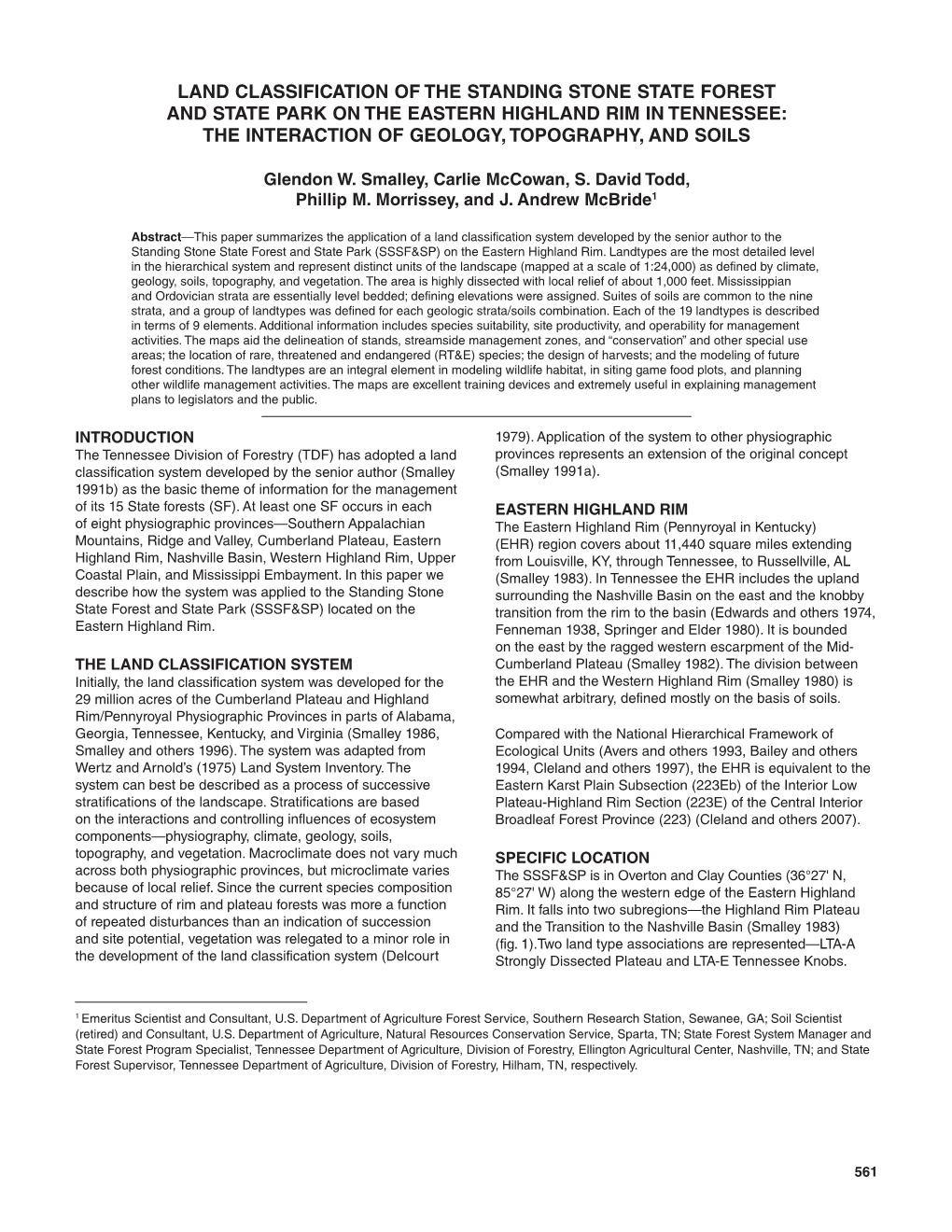 LAND CLASSIFICATION of the STANDING STONE STATE FOREST and State PARK on the EASTERN HIGHLAND RIM in TENNESSEE: the INTERACTION of GEOLOGY, TOPOGRAPHY, and SOILS