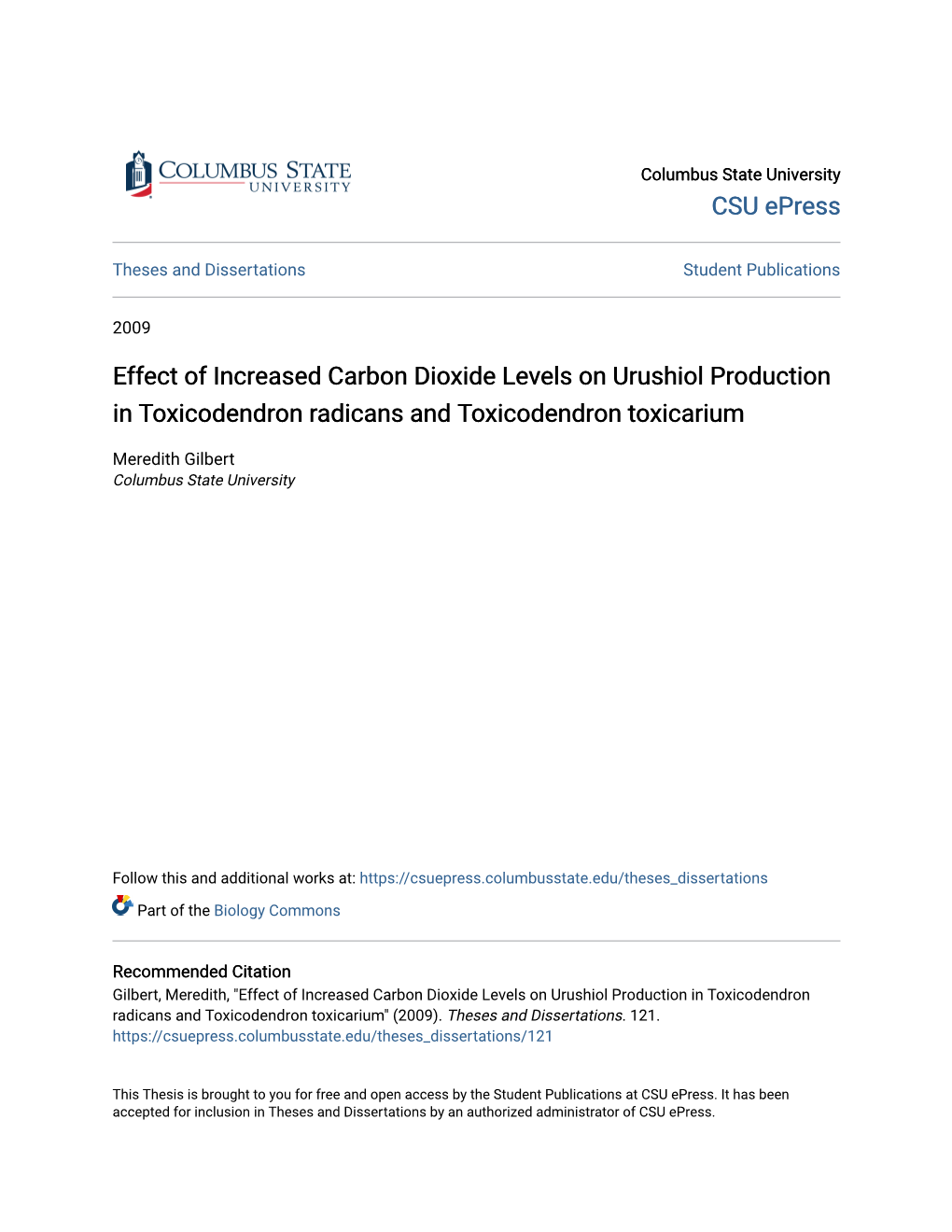 Effect of Increased Carbon Dioxide Levels on Urushiol Production in Toxicodendron Radicans and Toxicodendron Toxicarium