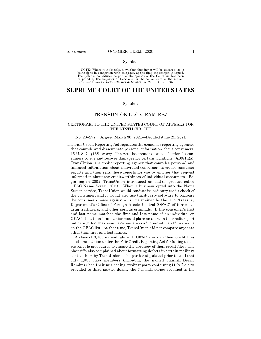 20-297 Transunion LLC V. Ramirez (06/25/2021)