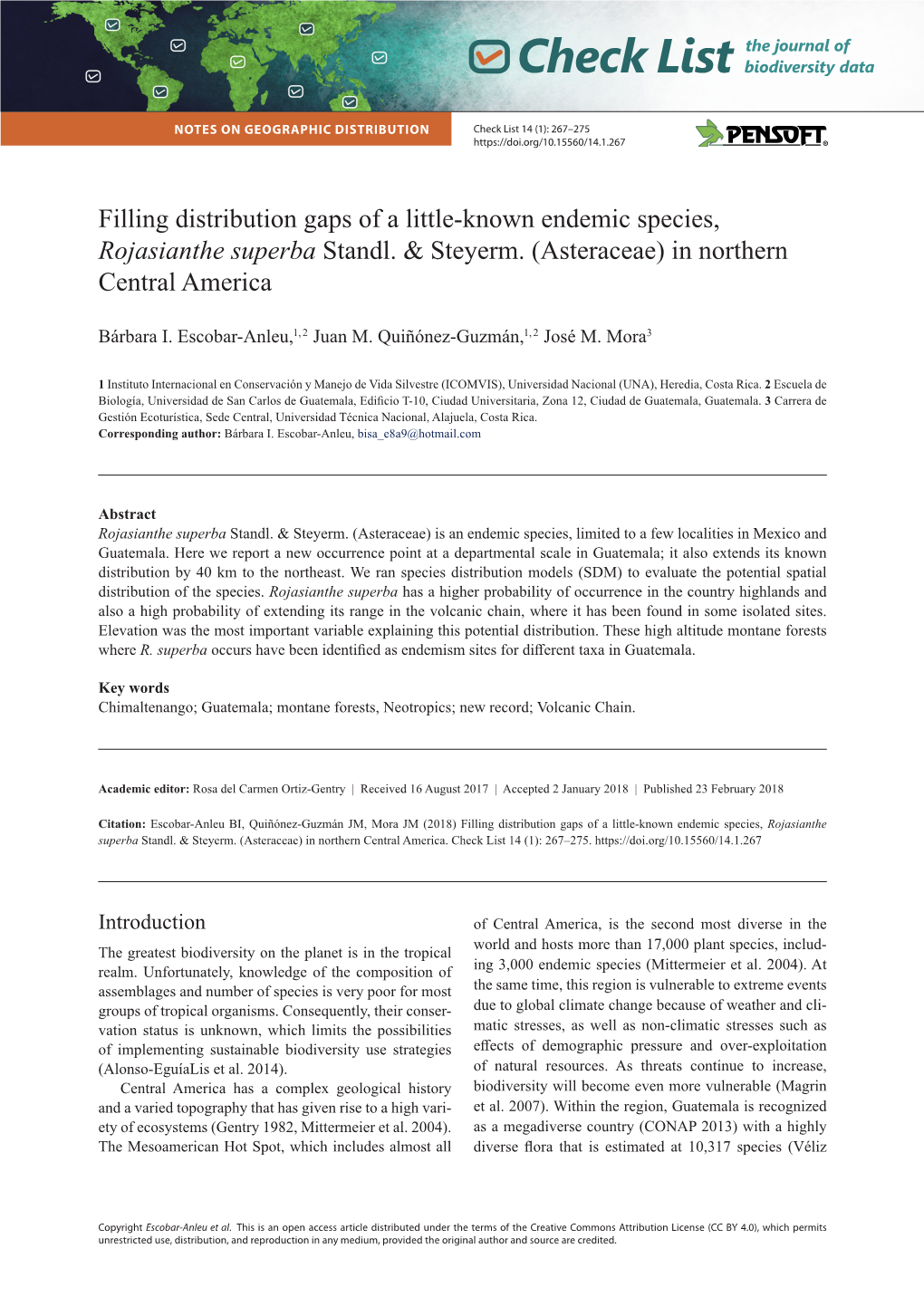 Filling Distribution Gaps of a Little-Known Endemic Species, Rojasianthe Superba Standl