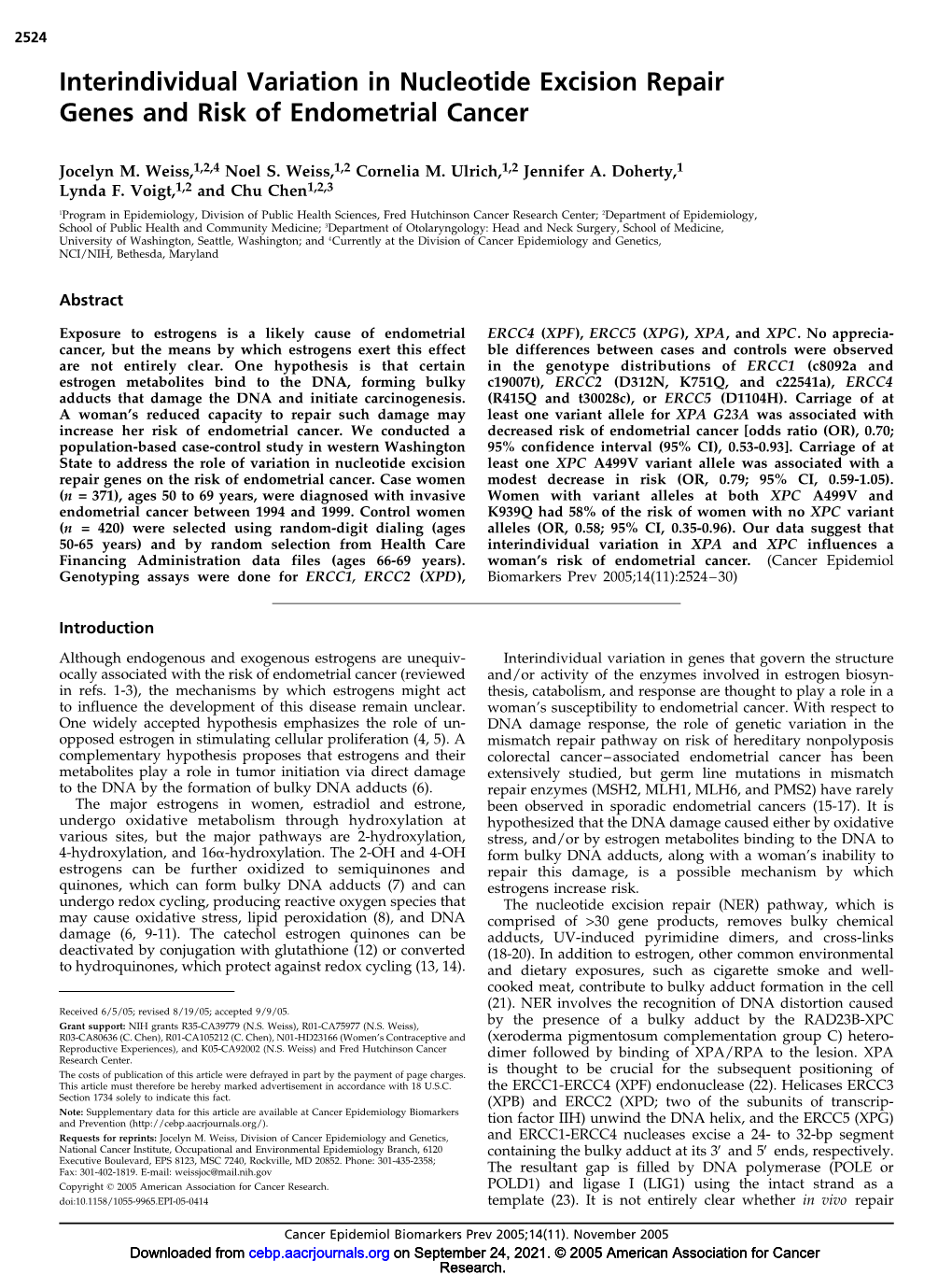 Interindividual Variation in Nucleotide Excision Repair Genes and Risk of Endometrial Cancer