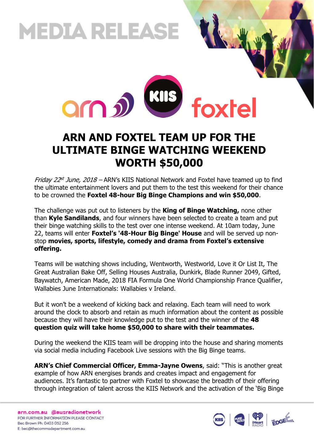 Arn and Foxtel Team up for the Ultimate Binge Watching Weekend Worth $50,000