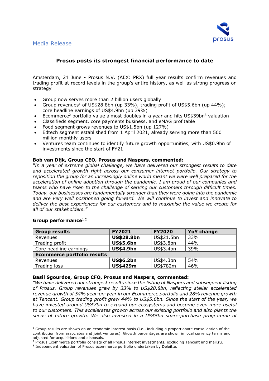 Prosus FY21 Results Press Release 21 June
