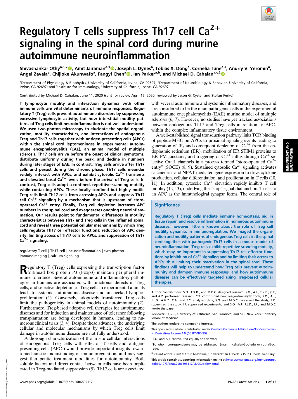 Regulatory T Cells Suppress Th17 Cell Ca2+ Signaling in the Spinal Cord During Murine Autoimmune Neuroinflammation