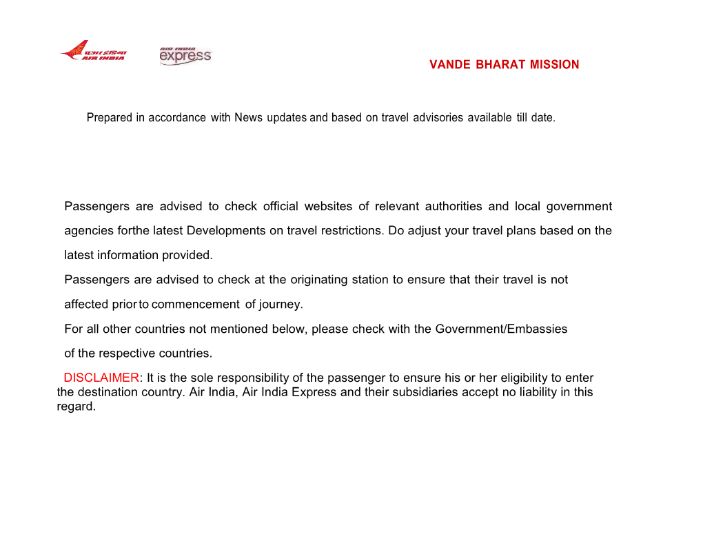 VANDE BHARAT MISSION Prepared in Accordance with News Updates and Based on Travel Advisories Available Till Date. Passengers