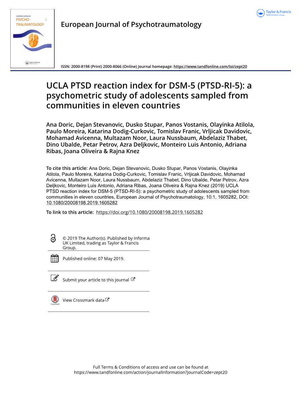 (PTSD-RI-5): a Psychometric Study of Adolescents Sampled from Communities in Eleven Countries