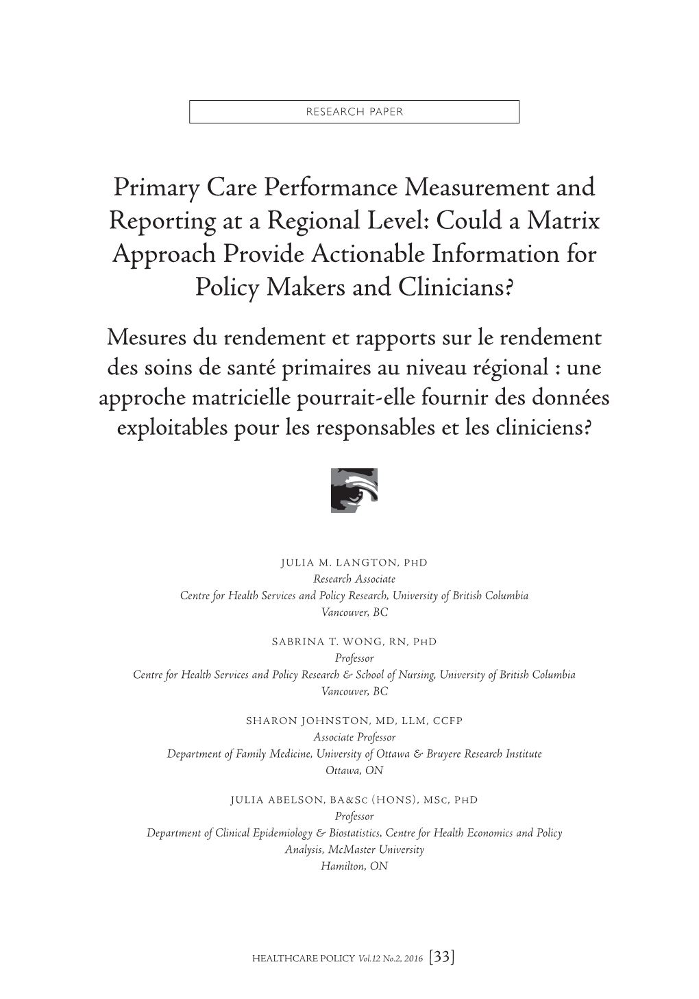 Primary Care Performance Measurement