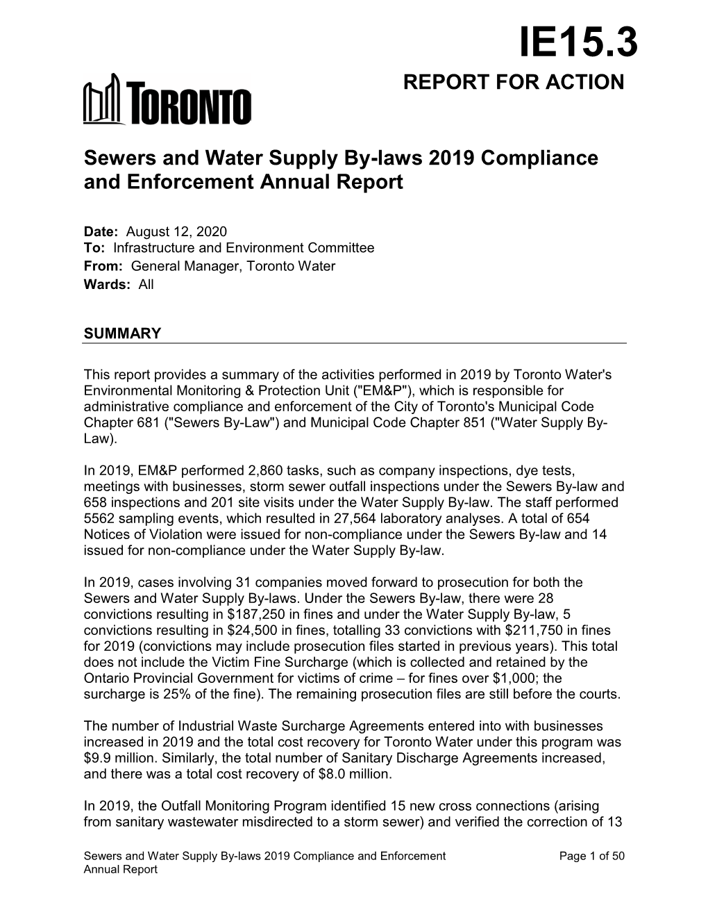 Sewers and Water Supply By-Laws 2019 Compliance and Enforcement Annual Report