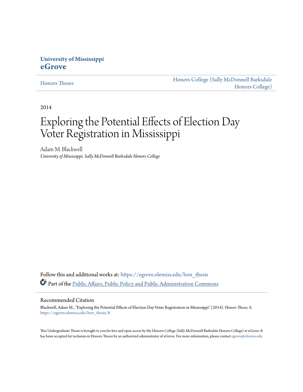 Exploring the Potential Effects of Election Day Voter Registration in Mississippi Adam M