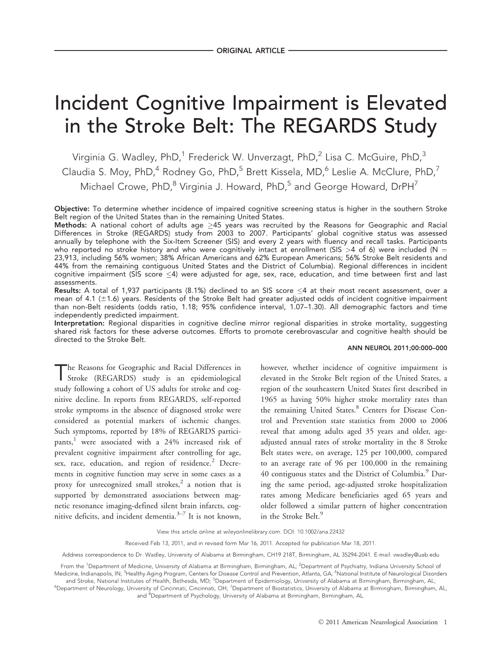 Incident Cognitive Impairment Is Elevated in the Stroke Belt: the REGARDS Study