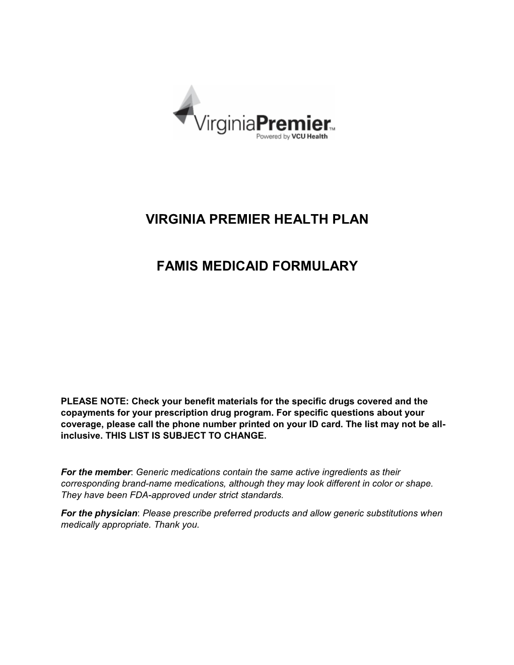 Virginia Premier Health Plan Famis Medicaid Formulary