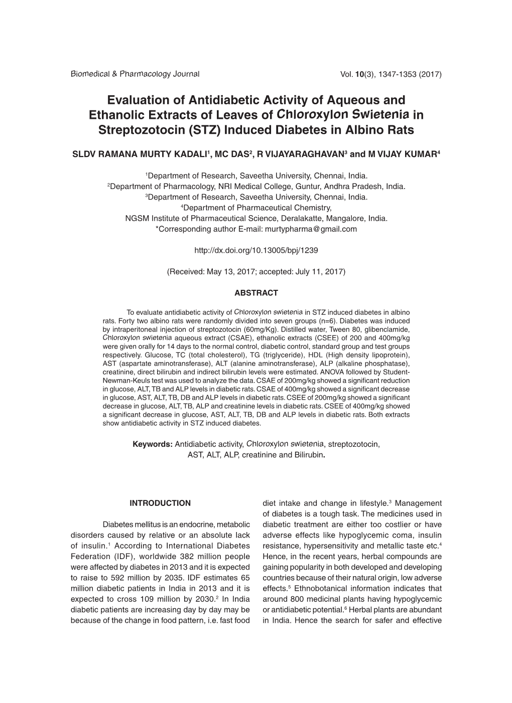 Evaluation of Antidiabetic Activity of Aqueous and Ethanolic Extracts of Leaves of Chloroxylon Swietenia in Streptozotocin (STZ) Induced Diabetes in Albino Rats