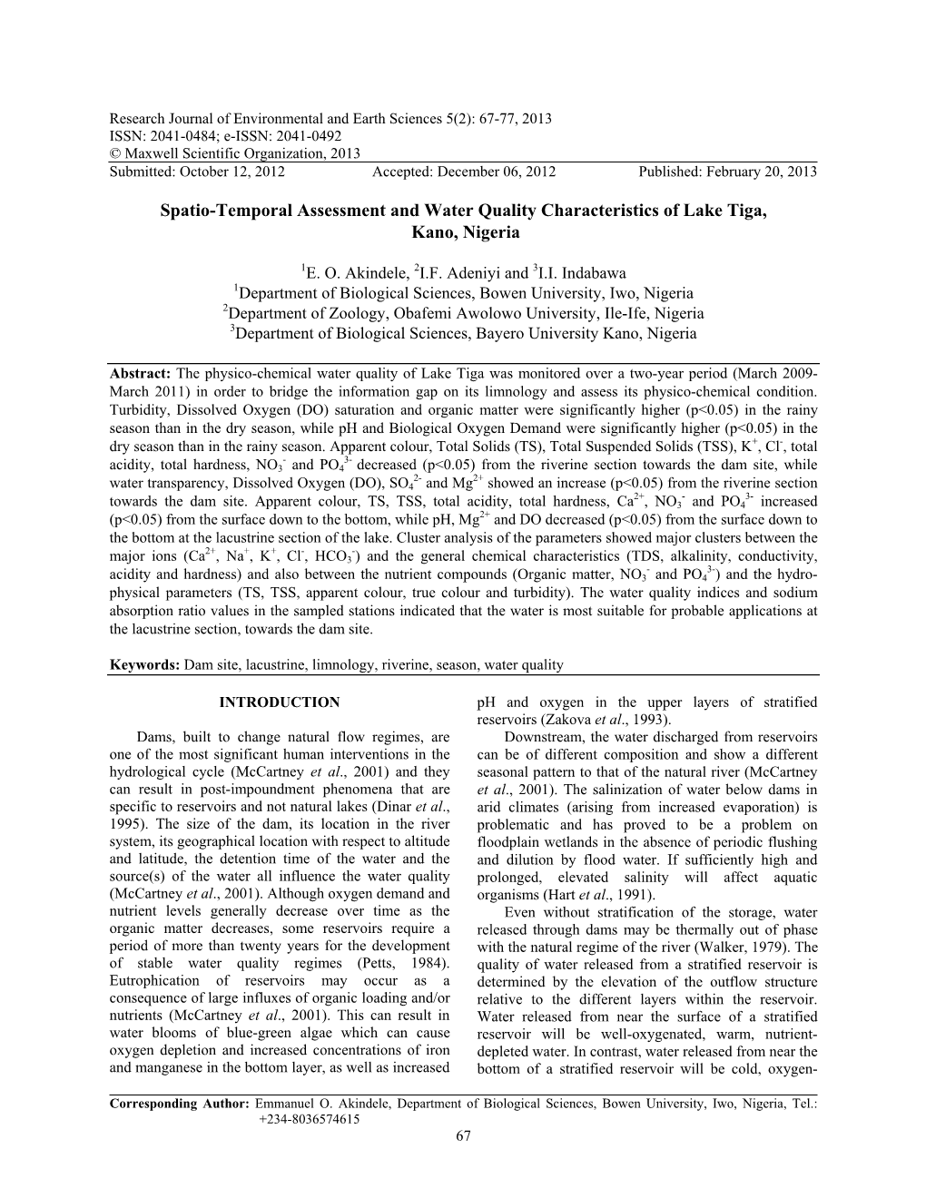 Spatio-Temporal Assessment and Water Quality Characteristics of Lake Tiga, Kano, Nigeria