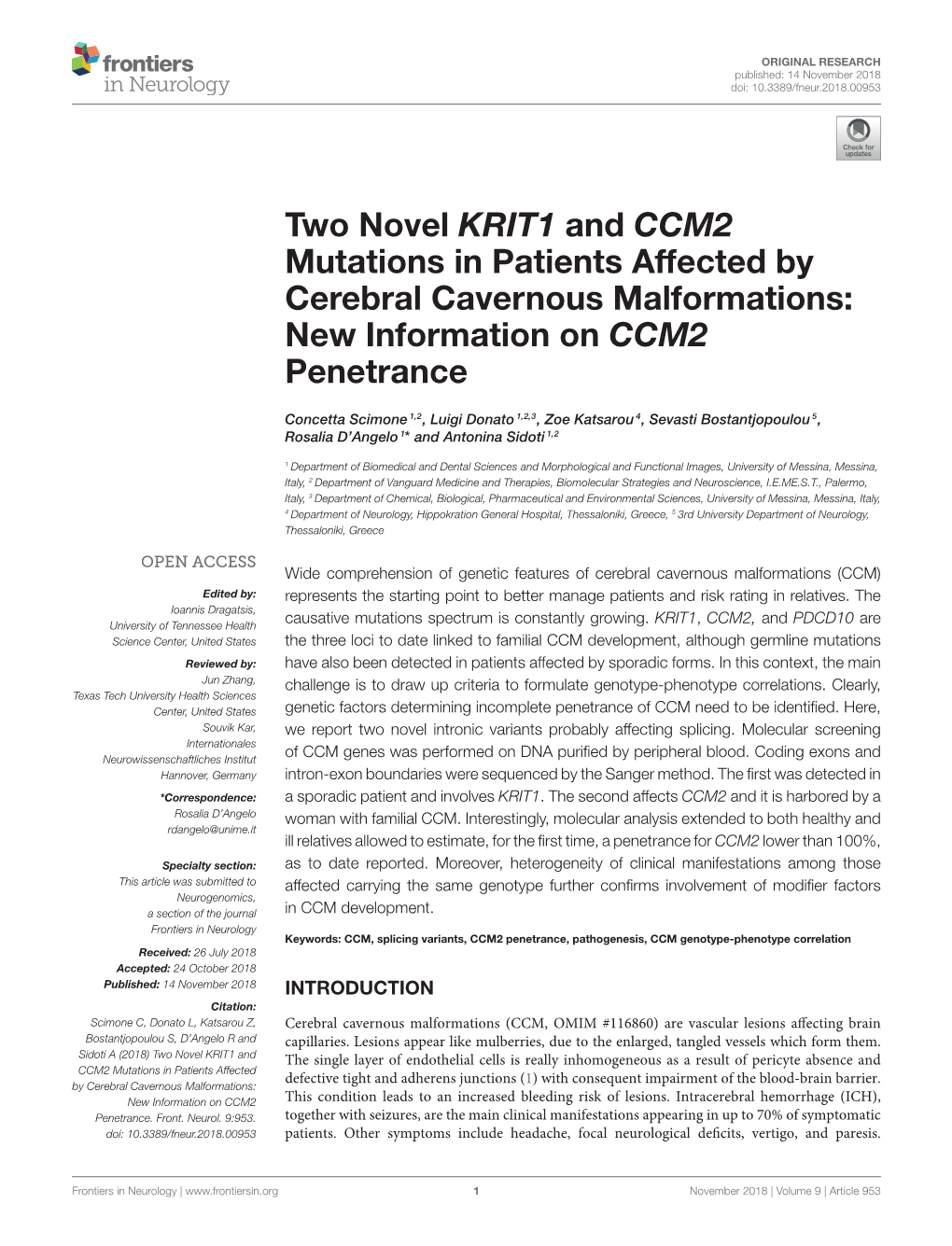 Two Novel KRIT1 and CCM2 Mutations in Patients Affected by Cerebral Cavernous Malformations: New Information on CCM2 Penetrance