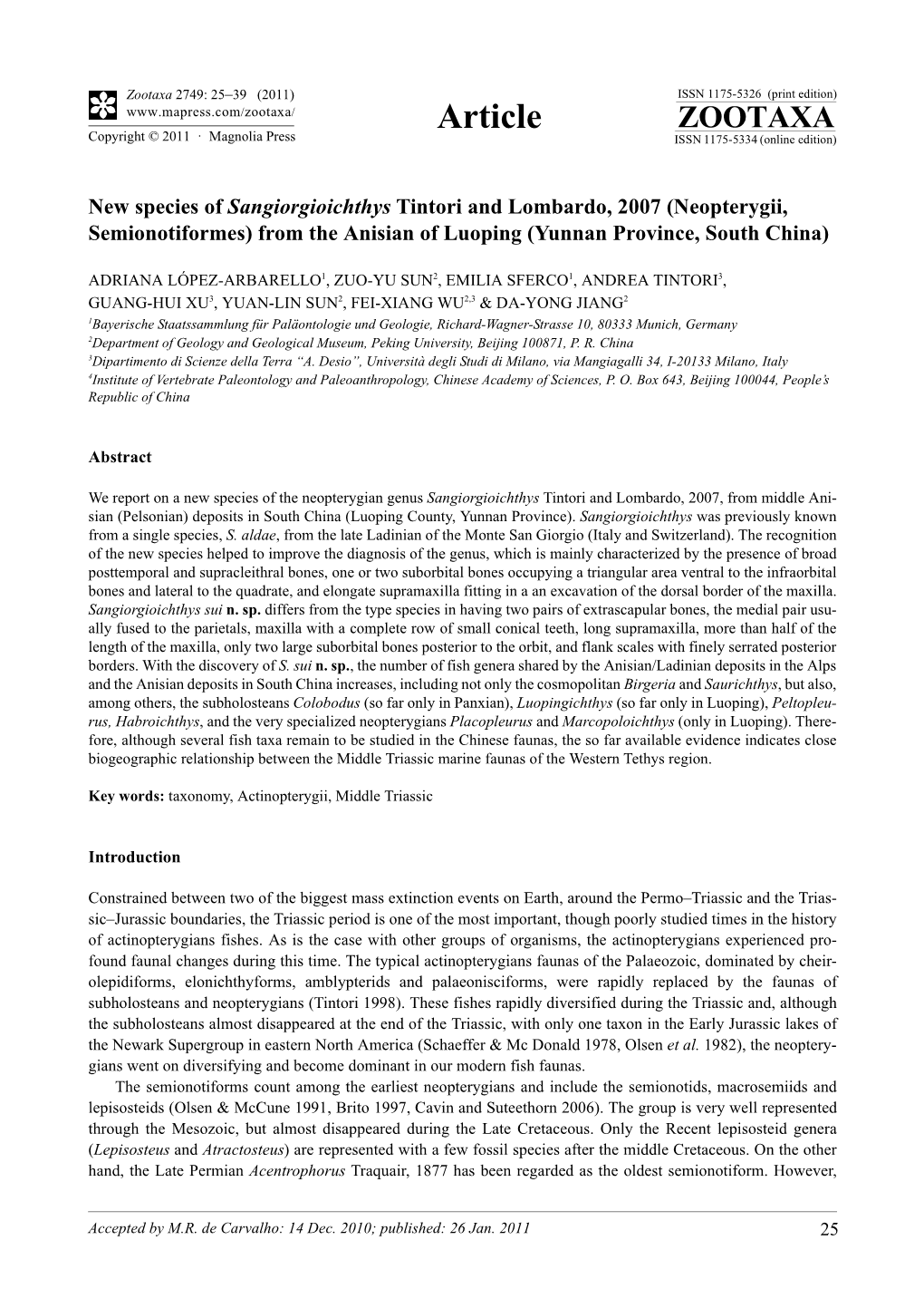 New Species of Sangiorgioichthys Tintori and Lombardo, 2007 (Neopterygii, Semionotiformes) from the Anisian of Luoping (Yunnan Province, South China)